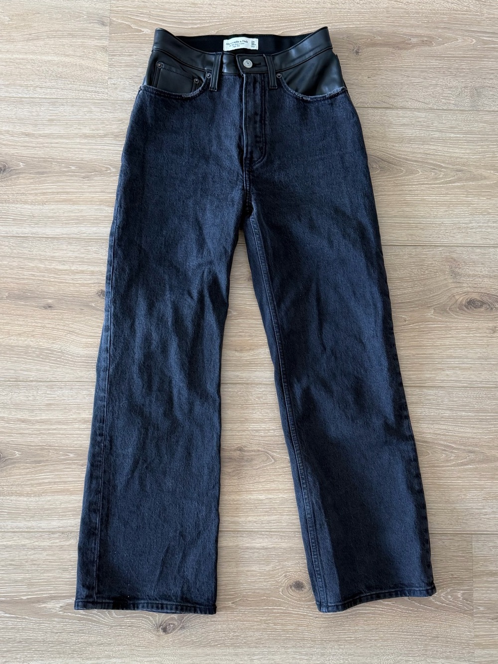 Abercrombie & Fitch Black Wide-Leg Jeans with Faux Leather Trim